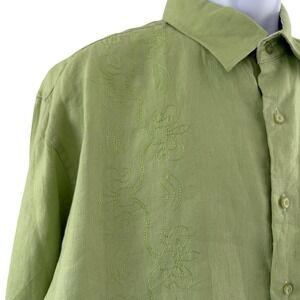 Bohio Shirt Mens XL Green 100% Linen Long Sleeve Embroidered Button Front Resort